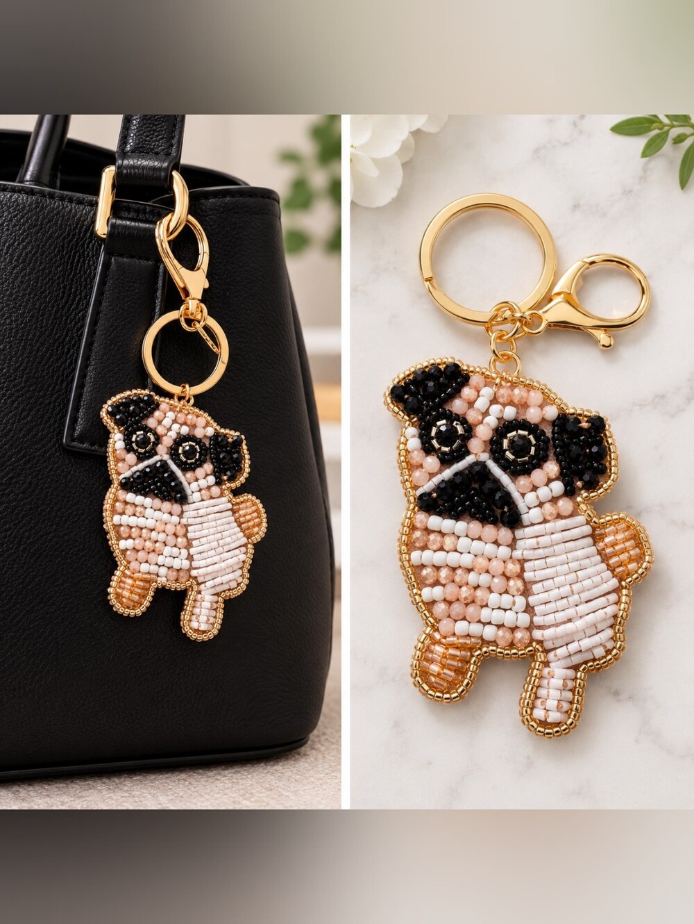 Beaded Pug Dog Keychain Charm in Pink, Black & Gold